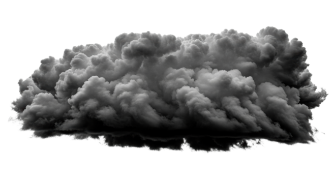 Vast, oppressive charcoal-grey nimbostratus cloud, heavily textured, turbulent, on stark transparent background, dramatic chiaroscuro light, concept of raw natural power