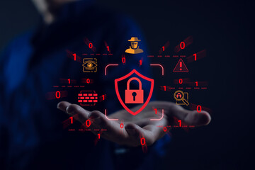 Cybersecurity concept showing digital data protection, firewall, and cyberattack prevention with icons of lock, hacker, malware, and binary code for online safety and network security