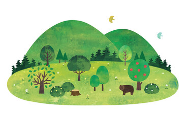 いろんな木と森水彩画風景