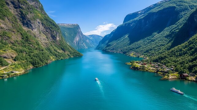 Scenic Turquoise Fjord View Surrounded by Mountains and Lush Greenery with Blue Sky in Norway