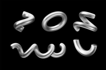 Obraz na płótnie Canvas Silver vector 3d spiral set. Abstract shapes collection, spring figures design. Metallic surface effect pipe icon isolated