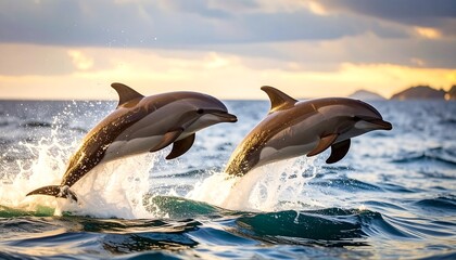 Fototapeta premium Dolphins leaping in sunset ocean
