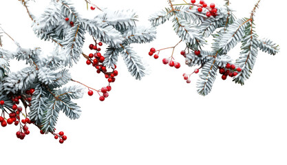 Christmas border with snow-covered fir branches and red berries on a white background christmas festival outdoors.
