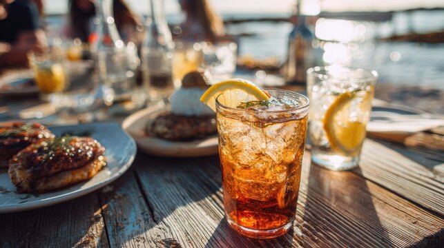 A family enjoys a delicious Hawaiian loco moco meal and refreshing drinks at a picnic on the sunny beach with the ocean view in the background with smiles.