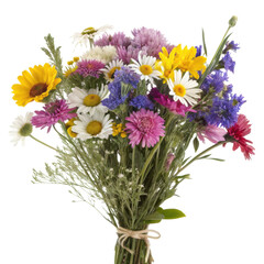 Fototapeta premium Colorful bouquet of meadow flowers with mixed shapes and vibrant petals, fresh floral arrangement isolated on white background. PNG