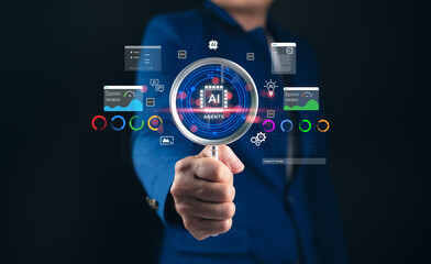 AI agent interface surrounded data charts and command prompts A magnifying glass displaying digital data and analytics emphasizing technology and innovation. AI tool exploration system analysis