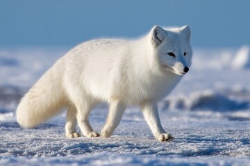 A stunning portrait of a white arctic fox, a wild canine predator, in the snowy winter landscape