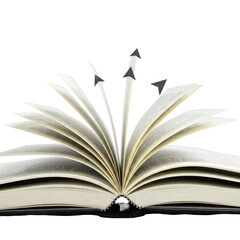 Open Book with Ascending Arrows on Black Background Detailed Image of an Open Book with Multiple Arrows Pointing Upward Against a Pure Black