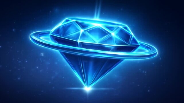 A vibrant blue diamond, with a ring of light, floats in a starry, dark cosmic scene.