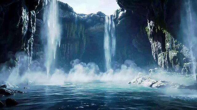 Majestic waterfall cascading into a misty pool inside a dark cavern