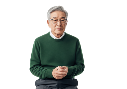 Elderly East Asian man in green cashmere sweater & modern spectacles, calmly contemplating with clasped hands on a transparent studio background with copy space, serene wisdom portrait