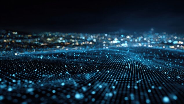 Abstract digital cityscape at night.  A textured, wavy landscape