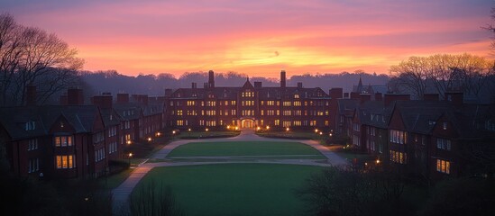 Fototapeta premium Sunset over a collegiate campus with lit-up brick buildings and a sprawling lawn.