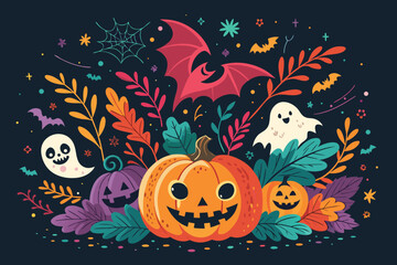 Fototapeta premium Halloween vector art of a whimsical halloween night scene featuring a smiling pumpkin, a playful ghost, and a young witch walking towards a haunted house under a crescent moon, creating a spooky atmos