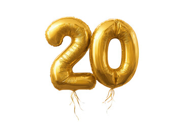 Shiny gold balloons shaped as the number 20 against a white background.