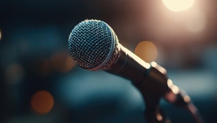 Obraz premium Close-up microphone on stage, bokeh background