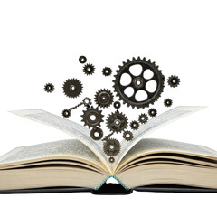 Open Book with Metal Gears Emerging from Pages Against Black Background Detailed Image of an Open Book with Numerous Interlocking Metal Gears Rising