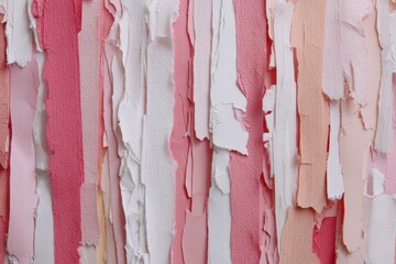 Abstract textured pattern of overlapping, torn paper strips in various shades of pink, peach, and white