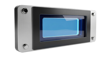 Obraz premium Sleek modern data display panel, brushed aluminum, charcoal bezel, translucent sapphire blue screen, futuristic glow, chrome bolts, white background, sharp shadow. high-tech product display concept