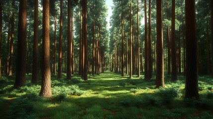 Obraz premium Sunlit Forest Path Lush Green Canopy and Tranquil Atmosphere