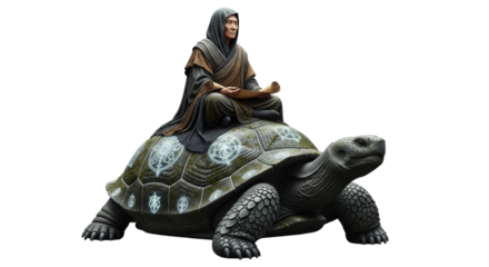 Elderly, gender-ambiguous figure in earth-toned robes, holding ancient scroll, seated on colossal stone tortoise with glowing symbols on white void, timeless wisdom and patient enduring existence