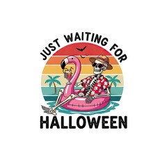 Skeleton relaxing on a pink flamingo float in the ocean with a sunset and palm trees isolated on transparent background