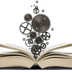 Open Book with Metal Gears Rising from Pages on Black Background Detailed Image of a Vintage Book with Intricate Cogwheels Emerging from its Center