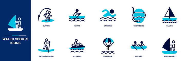 Water Sports Blue Colored Outline Icon Set