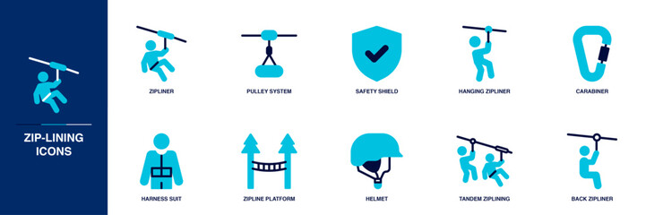 Zip-lining Blue Colored Outline Icon Set