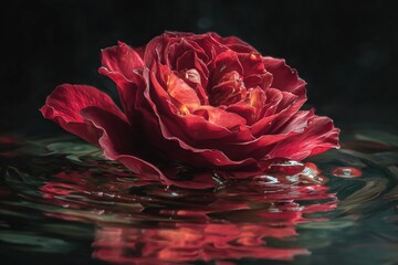 Romantic red rose petals float on a black surface, a stunning symbol of love and beauty