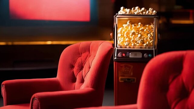 Red plush tufted theater seats in a dim cinema with a popcorn machine visible in the background.