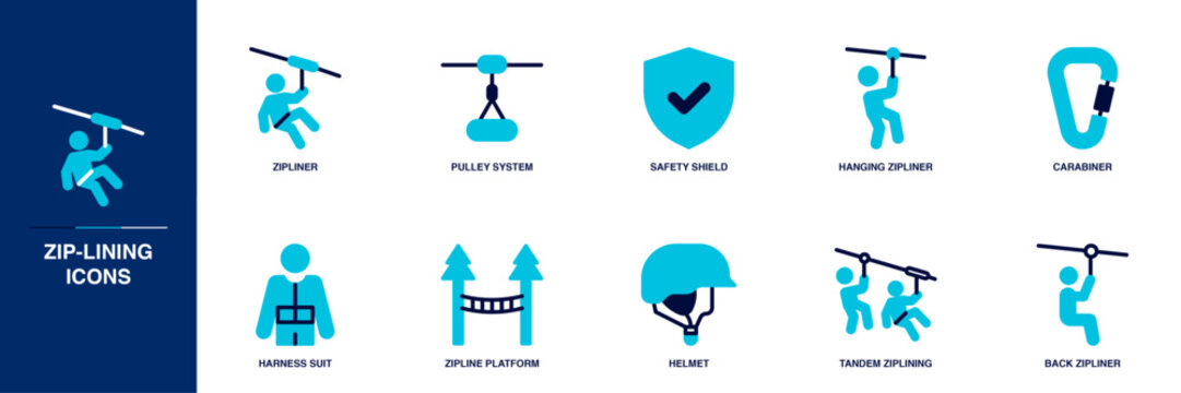 Zip-lining Blue Colored Outline Icon Set