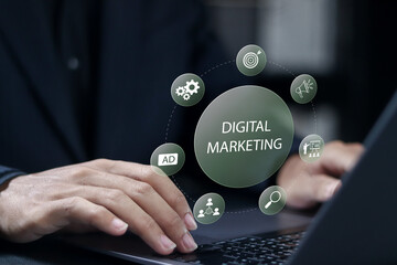 Digital marketing concept. Data analytics management, seo, target, ad. Businessman using laptop with digital marketing icons on virtual screen.