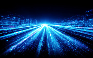 Futuristic blue light trails and cityscape representing high-tech connectivity