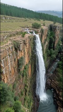 Majestic Lisbon Falls waterfall on South Africas scenic Panorama Route. Awe inspiring landscape view of deep canyon cliff