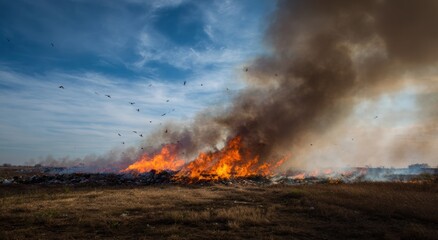 Large fire in a field at sunset