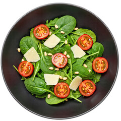 Overhead View of a Fresh Green Salad with Cherry Tomatoes Parmesan Cheese and Pine Nuts on a Dark Plate