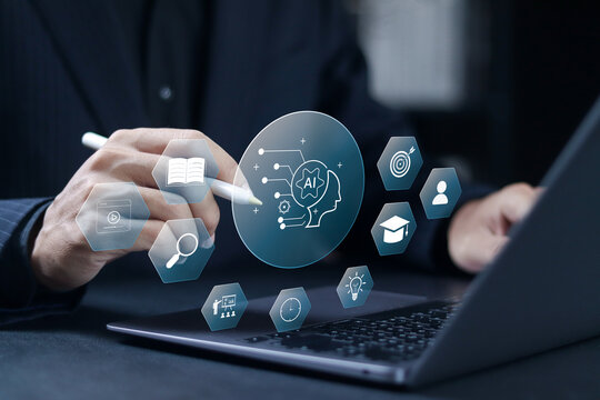 Education technology, AI Artificial Intelligence help concept, learn lessons videos online learning. Businessman use laptop with digital training courses icons for develop new skills.