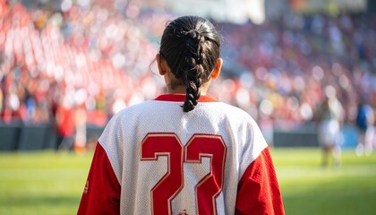Fototapeta premium Rear view of a female athlete with braided hair and number 22 on her jersey, facing a vibrant stadium crowd with dedication