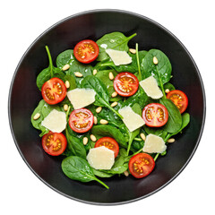 Overhead View of a Fresh Spinach Salad with Cherry Tomatoes Parmesan Cheese and Pine Nuts in a Dark Bowl on a Transparent Background