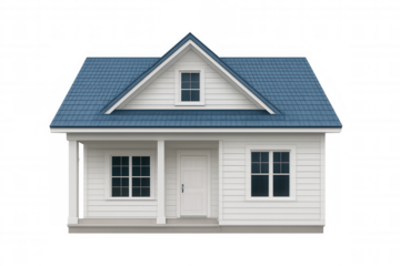 Charming white suburban house featuring a blue tiled roof, windows, and a welcoming entrance, isolated on a transparent background