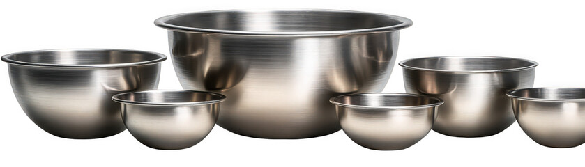 Set of stainless steel mixing bowls arranged in various sizes on a white background.