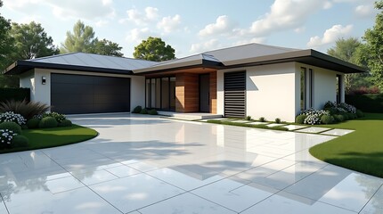 Modern single story home with clean lines a spacious driveway and lush landscaping under a bright sunny sky
