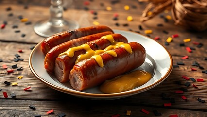 Steaming bratwurst with mustard on porcelain plate, rustic table with scattered confetti.