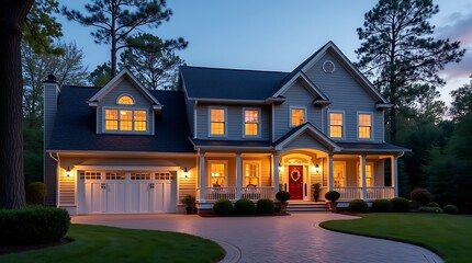 Elegant two story suburban home with warm interior lighting and a winding driveway at dusk surrounded by trees