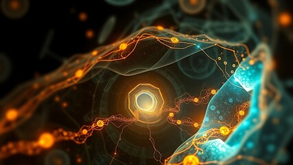 An abstract microscopic view inside a cell with glowing pathways and new traffic patterns of luminous proteins.