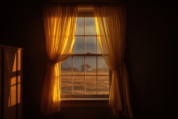 Warm golden light streams through a window onto a rural landscape
