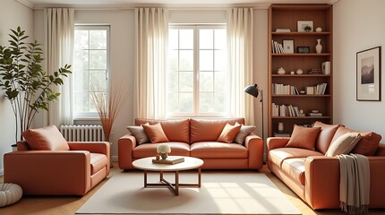 Warm and inviting living room featuring plush coral sofas a round wooden coffee table and abundant natural light streaming through elegant sheer curtains