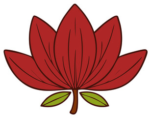 Fototapeta premium Detailed red lotus flower art with green leaves and brown stem, botany graphic illustration
