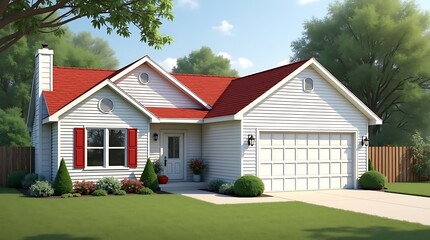 Charming small white cottage with a bright red roof and red window shutters nestled amongst lush green trees and manicured lawn